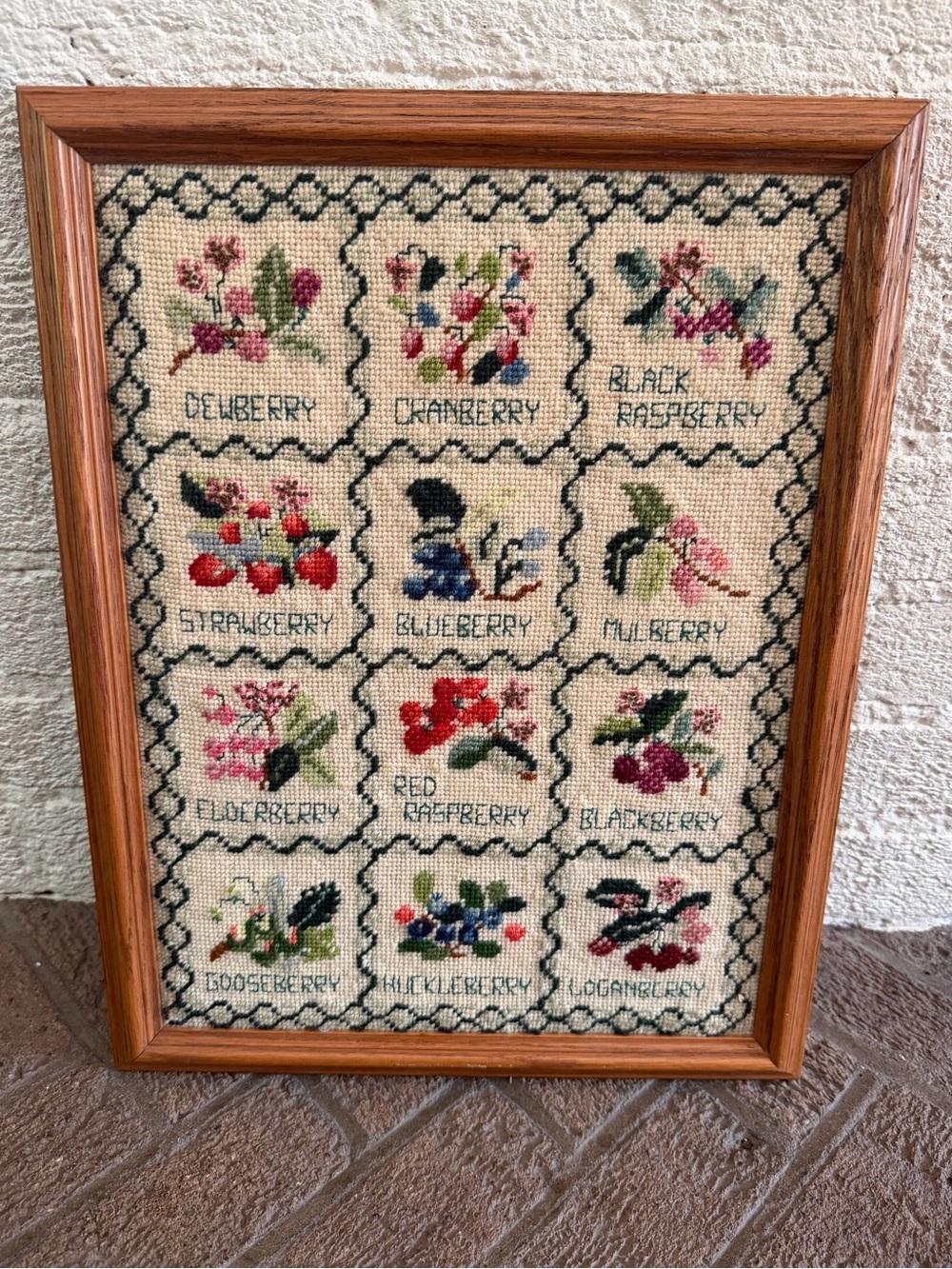 VTG Framed Cottagecore Cross-Stitch Embroidery Berry Sampler